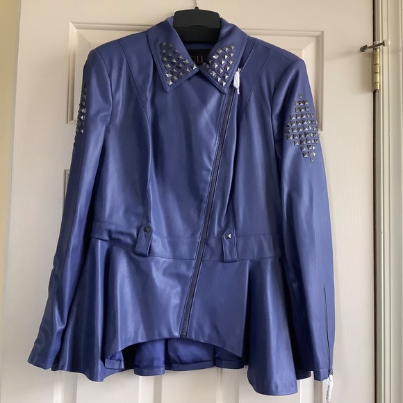 G.I.L.I. Faux Leather Peplum Motorcycle Jacket Deep Cobalt SZ 12 - Picture 2 of 16